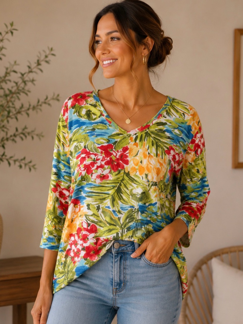 💐 Chico’s Size 3 Tropical Floral V-Neck Top | Colorful Resort Blouse | XL